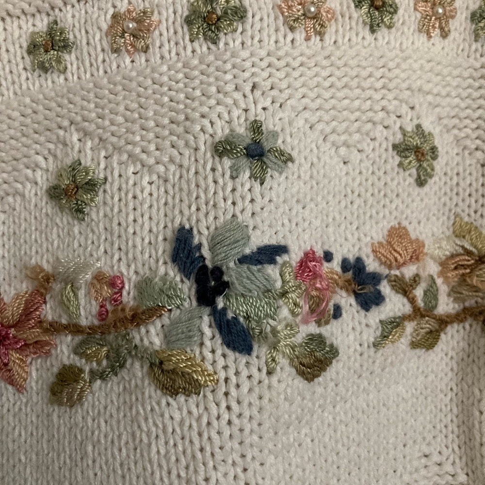 Heirloom Collectibles Cotton Handknit Sweater w/ Embroidered Flowers